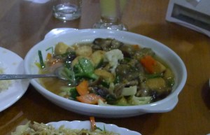 Meet Cap Cay. It also goes by the name of steamed chicken with vegetables. Eel with Japanese tofu. Stir fried mixed vegetables.